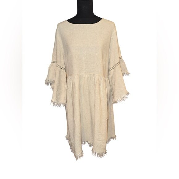 PINKBLUSH Beige Raw Edge Bell Sleeve Babydoll Maternity Dress Size Medium - Picture 8 of 10